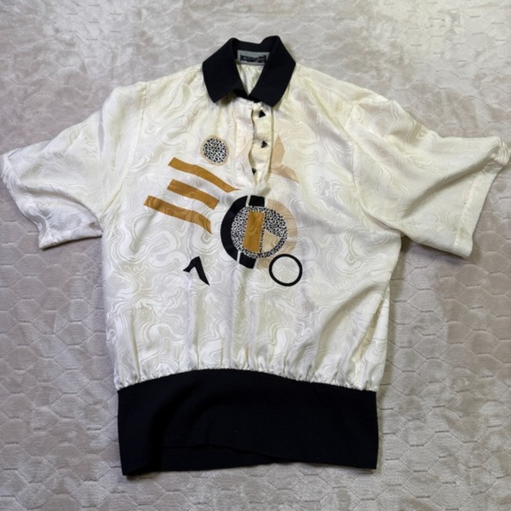 VTG Adrianna Papell Sz 4 Cream Black Half Button‎ Silk Blouse STAINED See Pics